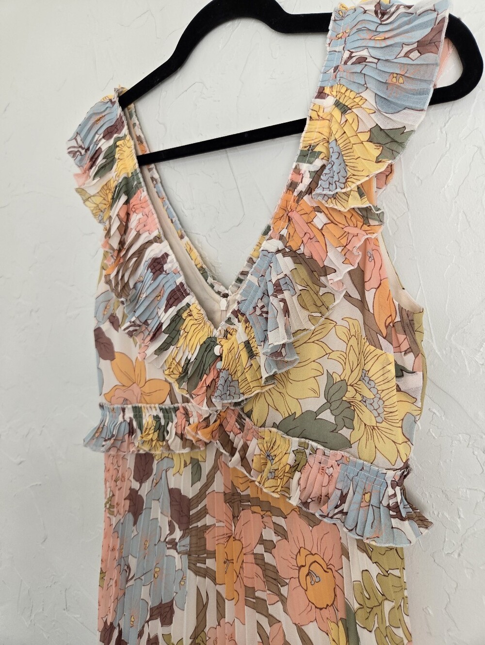 Sézane Floral Pleated Ruffle Pink Yellow Rachelle Dress, 6 - Picture 6 of 14